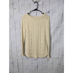 LL Bean Signature Cotton Fisherman Sweater Cable Knit Beige Zip Side Women Sz S